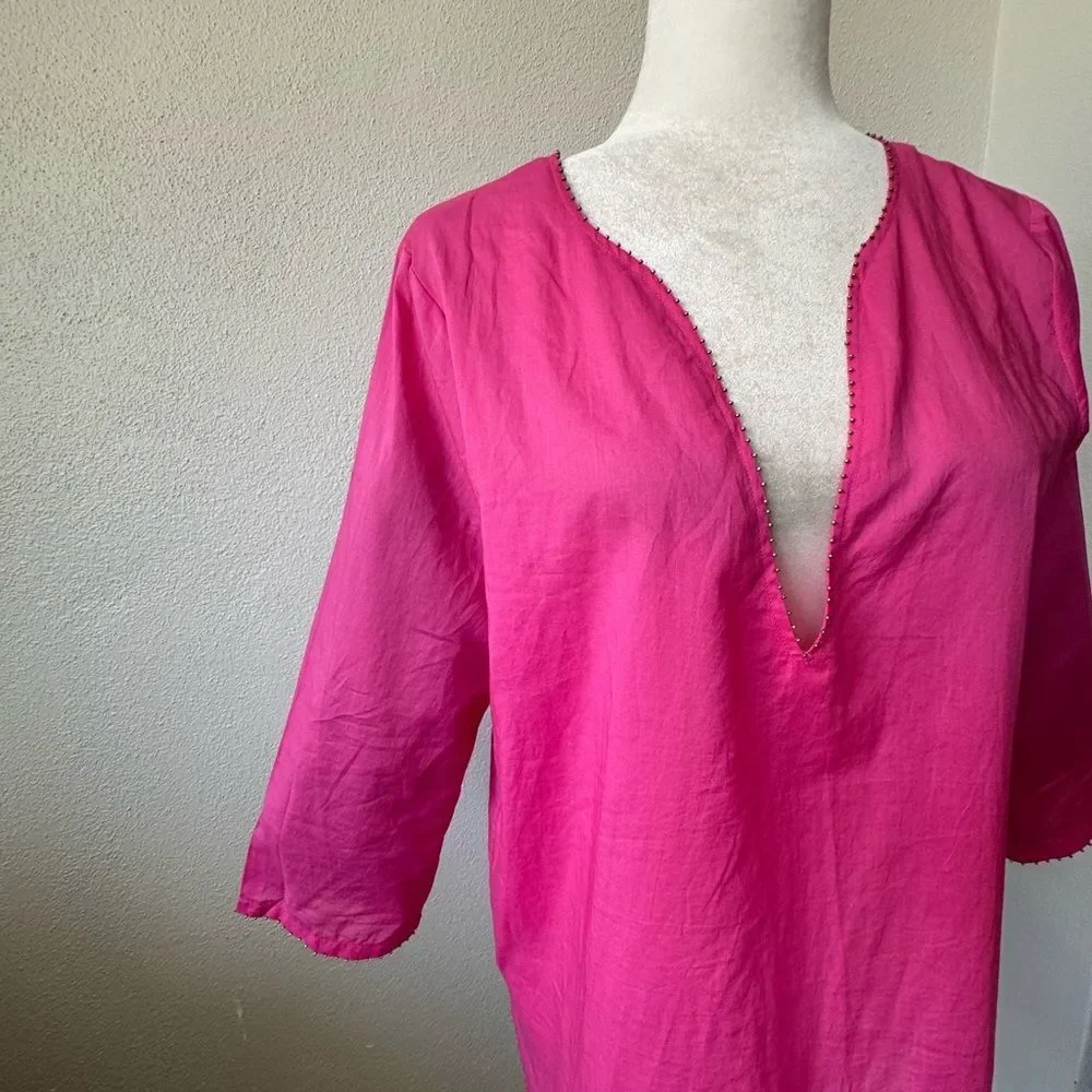 J. Crew Hot Pink V-Neck Tunic Top 100% Cotton Blouse SZ S